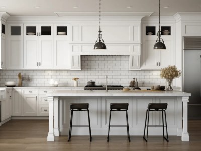 White Kitchen With Black Countertops And Stools