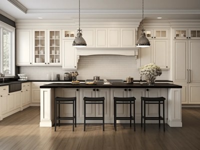 White Kitchen With Black Stools And Island