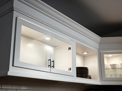 White Kitchen With Glass Cabinet Lighting