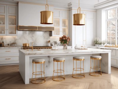 White Kitchen With Gold Stools And Pendants For Sale