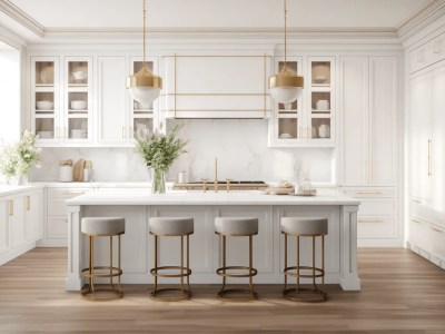 White Kitchen With Gold Stools And White Cabinets