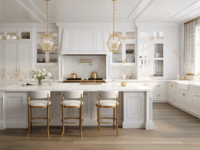 White Kitchen With Lots Of Barstools And Golden Lighting