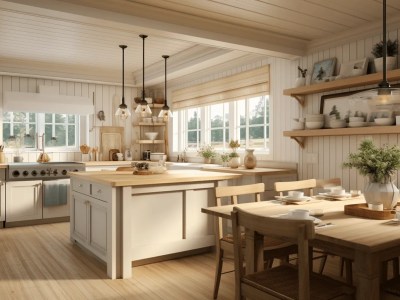 White Kitchen With Wood Floors And Wood Furnishings