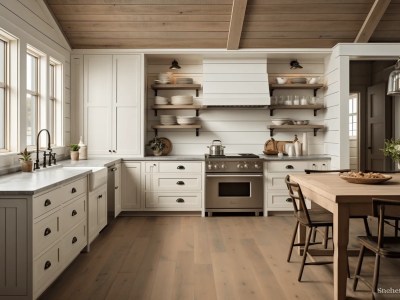 White Kitchen With Wood Floors, Cabinets And A Wooden Table