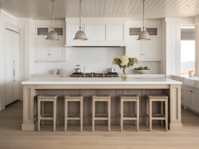 White Kitchen With Wooden Floor And Wood Stools