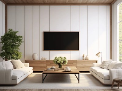 White Living Room With A Big Tv On The Wall