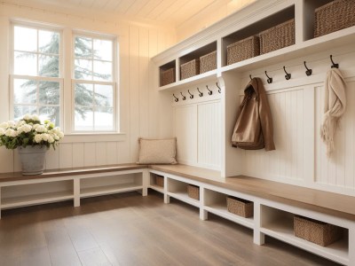 White Mudroom With Large Storage And A Wooden Bench