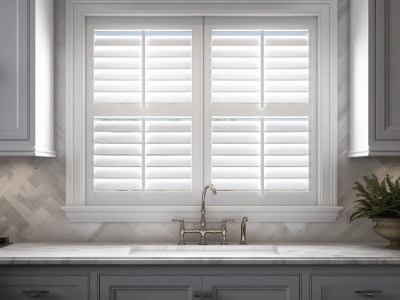 White Shutters On A Grey Kitchen Window