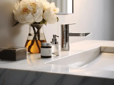 White Sink With Flowers And A Couple Of Soaps