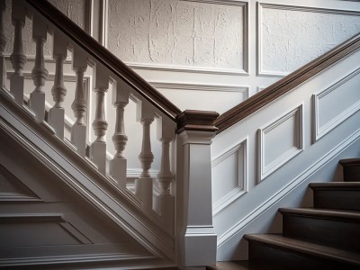 White Staircase With Wood Banisters And Sweeping Rails