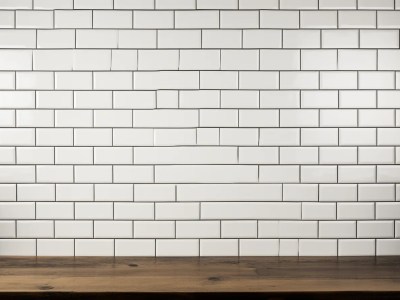 White Tile Wallpaper With Wooden Table