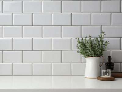 White Tiles In The Kitchen With A Vase Of Thyme Against A Counter Stock Photo