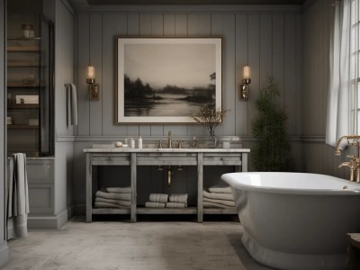 White Tub Is Shown In A Bathroom With Gray Walls