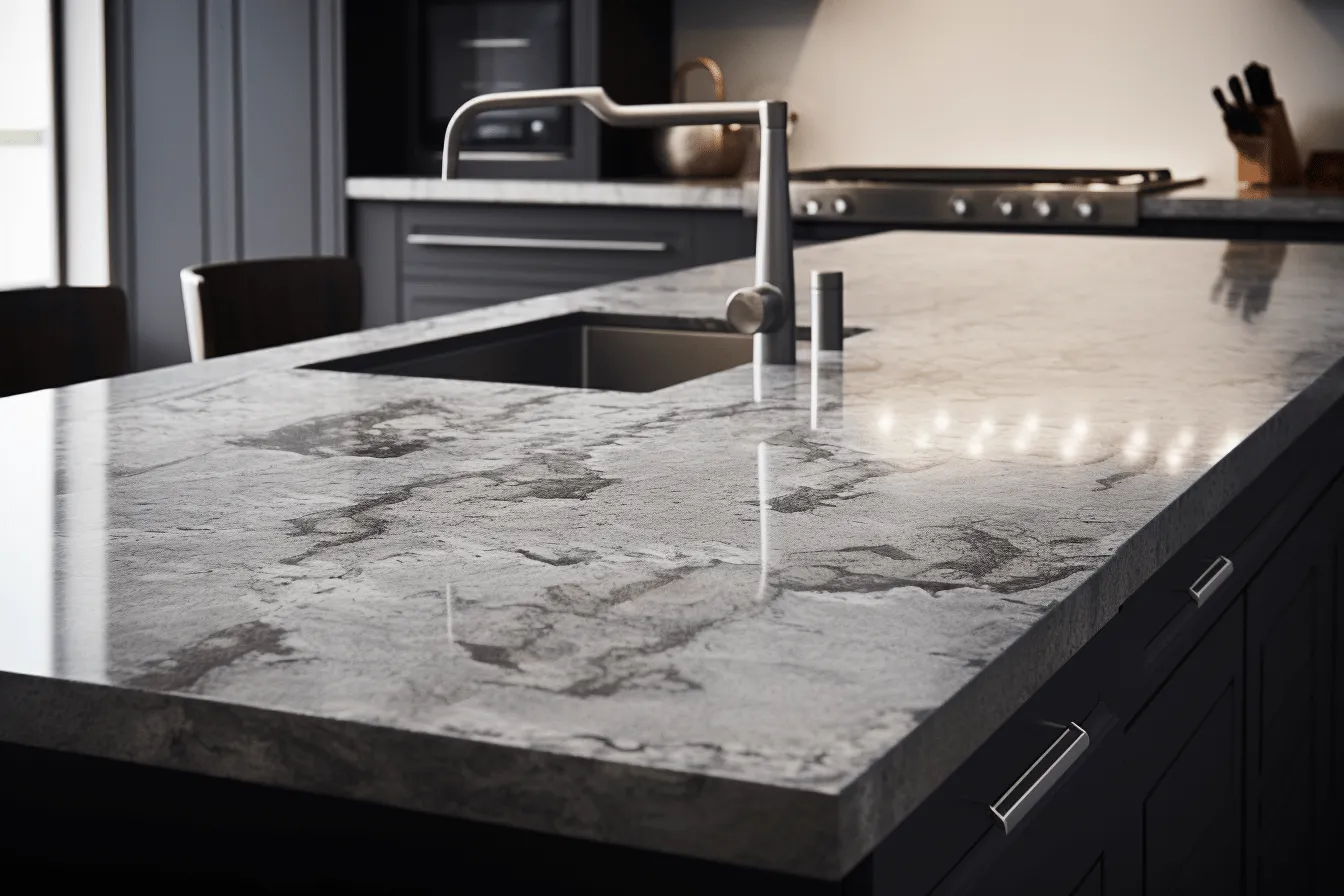 Kitchen layout with a quartz counter top, realistic and naturalistic textures, dark silver and silver, focus stacking, fluid ink washes, ferrania p30, back button focus, clear edge definition