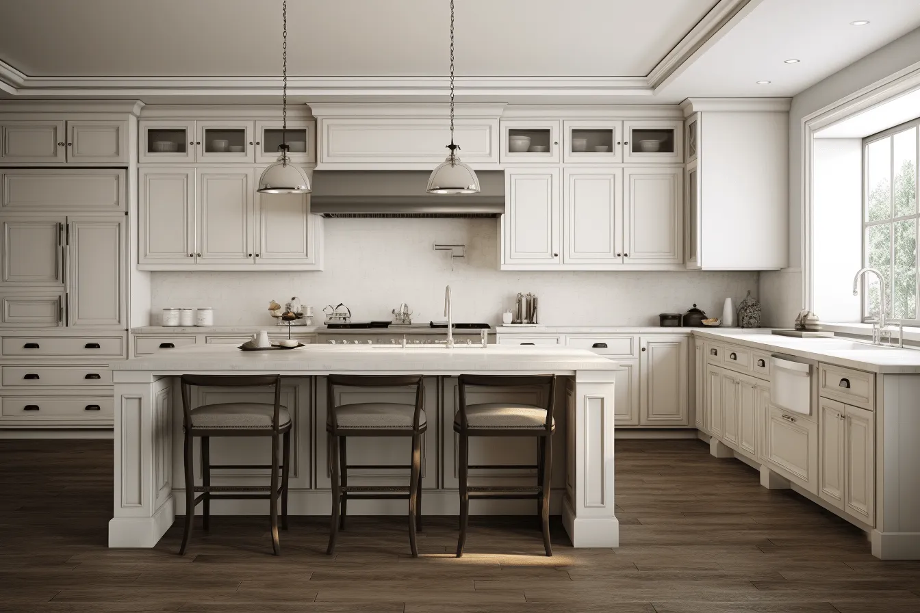 White kitchen with stools at the center, photorealistic details, ornate, american tonalist, uhd image, dark bronze and gray, multi-layered, smooth lines