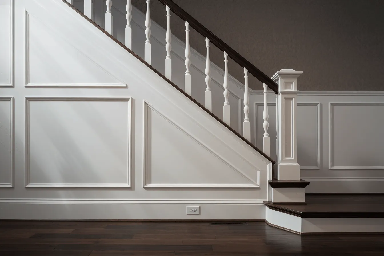 Traditional staircase railings  wood balusters, realistic details, light white and dark brown, panel composition mastery, deconstructed minimalism, dramatic diagonals, victorian era, hard-edge painting