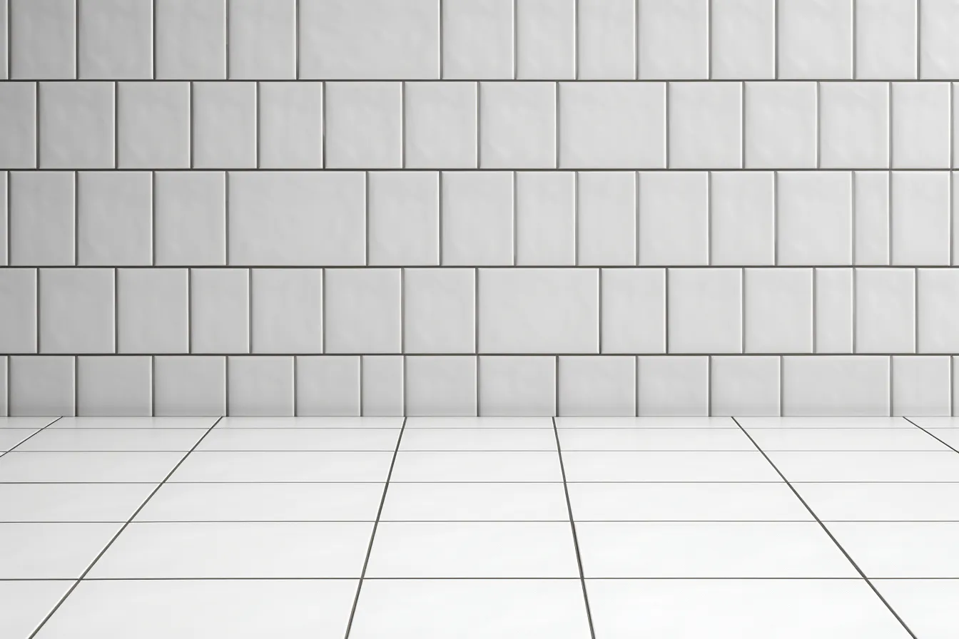 Large tiled floor and white walls with grey tiles 3d render, uneven textures, tabletop photography, spot metering, matte photo, rectangular fields