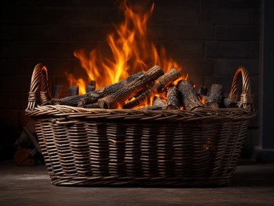 Wicker Basket With Wooden Logs In Front Of A Fire