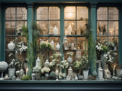 Window Display With Numerous Vases And Greenery Outside