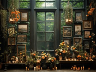 Window Filled With Candle Holders And Framed Pictures Surrounded By Foliage