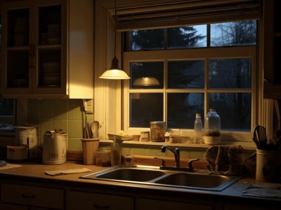 Window In Kitchen With Lights Reflecting Off Of It