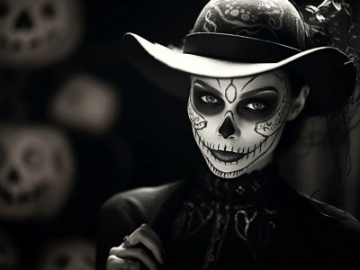 Woman Wearing Sugar Skull Makeup In Black And White