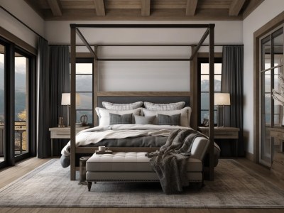 Wood Bed Frame And Bed Are Seen Along With A View Of Mountains