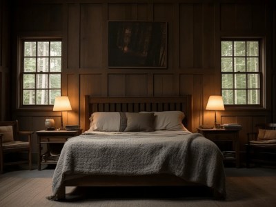 Wood Paneled Bedroom With A Bed And Two Lamps