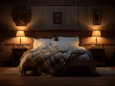 Wood Paneled Room With A Bed At Night With Two Lamps