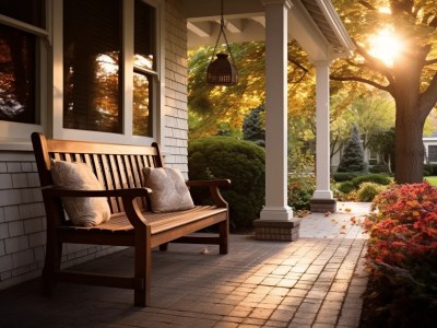 Wooden Bench Is Waiting For Sunset On The Front Porch