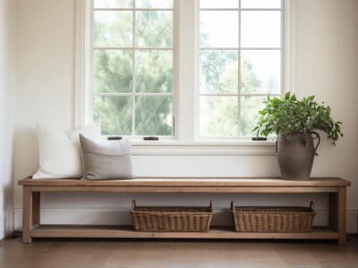 Wooden Bench With Two Baskets By A Window