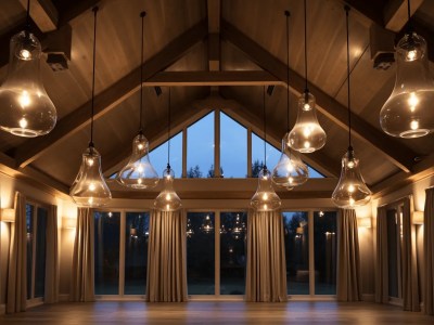 Wooden Ceiling, With Lamp Shades Under