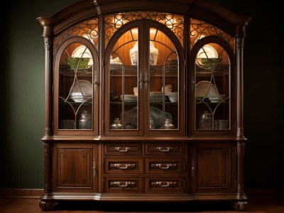 Wooden China Cabinet Accompanied By Dark Window And Curtains