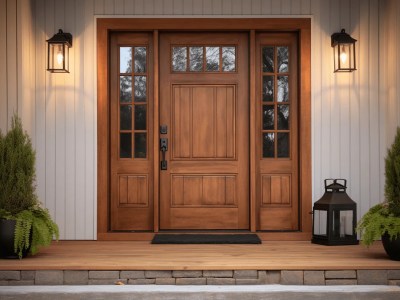 Wooden Front Door And Light Fixture On A Porch