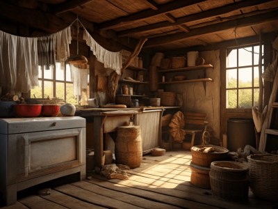 Wooden Hut With Cupboards, A Stove And A Pot