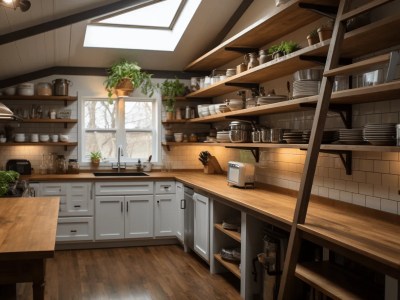 Wooden Kitchen With White Shelves