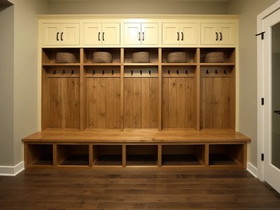 Wooden Lockers With A Bench In A Room