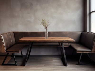 Wooden Nook Table And Leather Bench With Flower