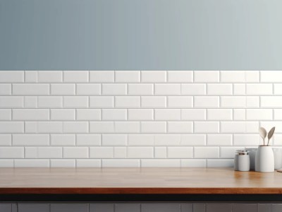 Wooden Plate And White Tile Are In Front Of A Tile Backsplash