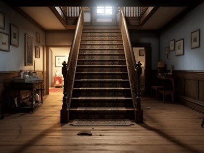 Wooden Staircase Is In The Middle Of A Room