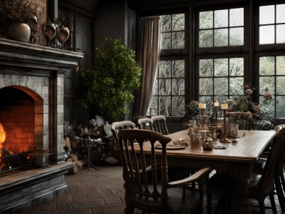 Wooden Table Is In Front Of A Living Room Fireplace