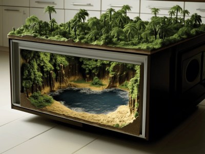 Wooden Tv Cabinet That Has Fake Trees And Lake Inside