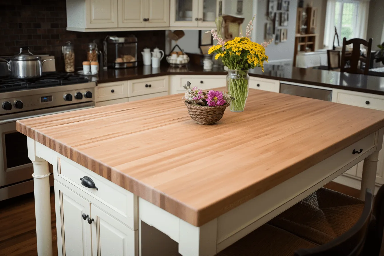 Counter in a kitchen, tabletop photography, prairiecore, light brown and pink, whistlerian, sophisticated woodblock, manapunk, soft-edged