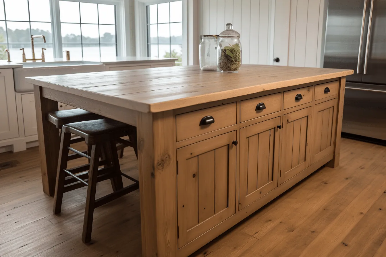 Island, with four stools by the window in the kitchen, detailed craftsmanship, coastal landscapes, restored and repurposed, american tonalism, cabincore, hard-edge style, high quality photo