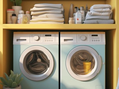 Yellow And Blue Laundry Room 3D Render Stock Photo