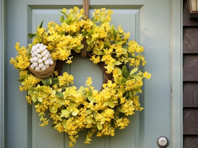 Yellow Flower Wreath On The Front Door Of A House