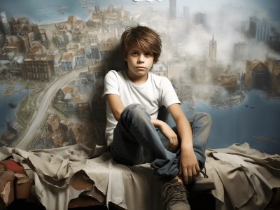 Young Boy Sitting In Front Of A Map With Images Of City